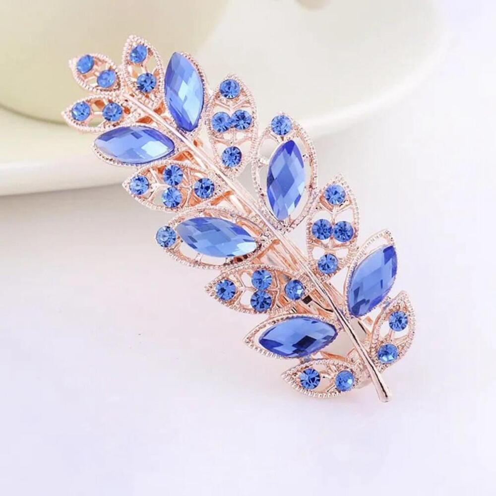 Rhinestone Leaf Hair Clip In Blue
